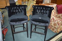 pair of Black Velvet Upholstered Barstools