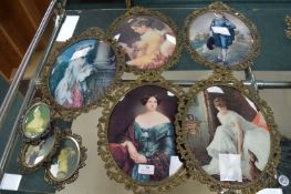 Five Brass Framed Oval Prints with Convex Glass Fe