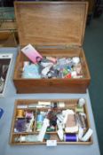 Wooden Sewing Box and Contents
