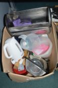Large Box of Kitchenware Including Kettles, Bread Bin, etc.