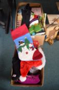 Assorted Items Including Books, Shoes, and Christmas Decorations