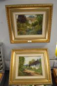 Pair of Gilt Framed Oil on Canvas Country Cottage
