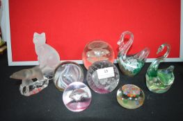 Nine Glass Paperweights Including Caithness etc.