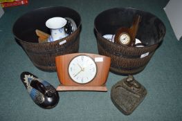 Two Barrel Style Bins Containing Pottery and Glassware
