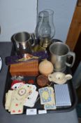Tray Lot of Collectibles Including Oil Lamp, Tankards, Playing Cards, etc.