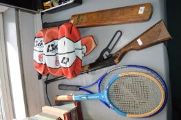 Vintage Pop Gun, Cricket Bat, Rugby Balls, etc.