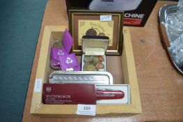 Small Collectibles Including Swiss Army Knife, Coinage, etc.