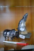 Small Bronze Figure of a Bison and a Canadian Buffalo Horn Carving