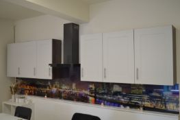 *Six Single Wall Units 170x90cm + 170x90cm Comprising Woodgrain Carcasses, Light Grey Doors, and T-