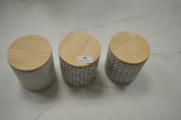 *Ceramic Tea, Coffee, and Sugar Canisters with Wooden Lids