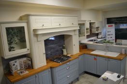 *Blue & Cream L-Shape Display Kitchen with Oak Block Worktops 193x232cm Including Glazed Ceramic