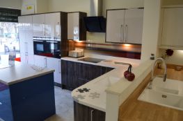 *High Gloss Cream & Woodgrain L-Shape Kitchen 220x430cm with Resin Worksurface, Underslung Sink,