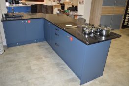 *Contemporary Style Display Kitchen 2840x920mm + 2160x620mm in Blue with Black Marble with White