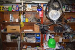 *Contents of Wood Shelving to Include Various Electric Components, Oils, Lubricants, Small Safe, Gas