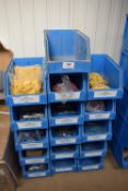 *Fifteen Plastic Component Bins Containing Assorted Cable Connectors – Bullet, Spade, and Inline