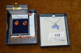 Swarovski Crystal Pendant, and a Pair of Amber Ear