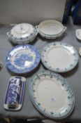 Vintage Blue & White Pottery Plates, Tureen, etc.
