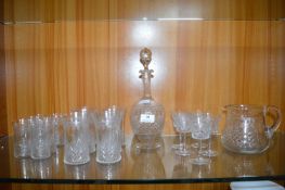 Etched Glass Decanter, and Matching Wine Glasses,