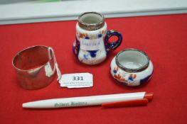 Two Small Porcelain Pots with Hallmarked Silver Rims, and a Napkin Ring