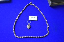 4ct Gold Rope Necklace, and 9ct Gold Heart Fob Set with White Stones ~2.8g gross
