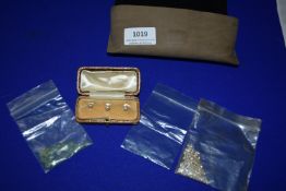 Glasses Case Containing Three Gold & Pearl Shirt Studs, a Bag of Jade Stones, Two Emerald Stones,