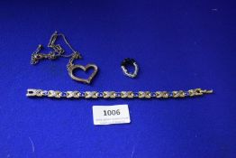 Silver Plated Chain with Heart Fob, Bracelet Set with Blue & White Stones, and an Elasticated Ring