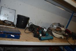 Contents of Shelf to Include Circular Saw, Assorted Drills, Sander, etc.