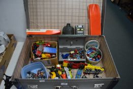 Case Containing Vintage Toys, Cars, and Figures
