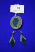 Silver Mounted Green Agate Brooch and Drop Earring