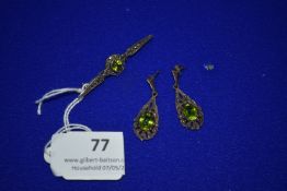 Vintage Silver Brooch and Drop Earrings with Peridots ~7.6g total