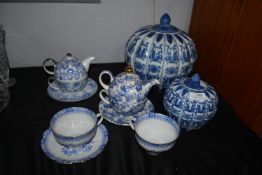 Chinese Pumpkin Style Lidded Pots, Blue & White Te