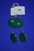 Silver Mounted Green Agate Brooch and Matching Ear