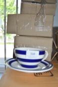 *Three Blue & White Striped Cups and Saucers