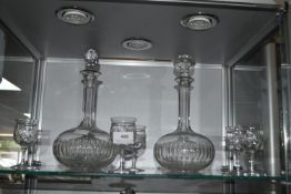 Two Cut Glass Lead Crystal Decanters and Sherry Gl