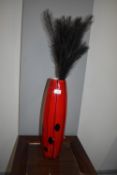 Red Glass Vase with Feathers
