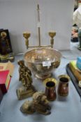 EPNS Bowl, Brass Candlesticks, and Ornament