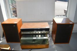Assorted Vintage Audio Equipment Including Garrad Turntable, Midland Amp, and Wharfdale Speakers