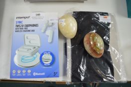Mixed Lot of Wireless Headphones, Agate Egg, and a Pair of Hold Ups