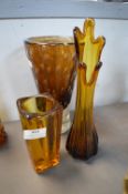 Three Orange Studio Glass Vases