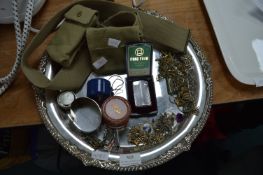 Tray Lot of Small Collectibles, Costume Jewellery, Lighters, and an Ammo Belt