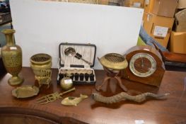 Decorative Brassware, Cutlery, and a Mantel Clock
