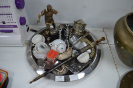 Tray Lot of Collectibles, Miniature Tea Set, Hip Flask, etc.