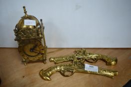 Brass Clock and a Pair of Pedestal Ornaments