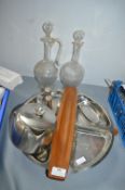 Retro Stainless Steel Lazy Susan, Claret Jug, and a Decanter