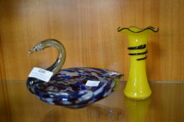 Studio Glass Swan and a Yellow Glass Vase