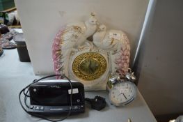 Peacock Clock and Two Alarm Clocks