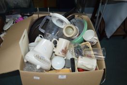 Large Box of Kitchenware, Pottery, Glassware, etc.