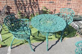 Cast Iron Green Painted Garden Table and Two Chairs