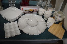 Pottery Bowls, Serving Dishes, Wooden Board, etc.