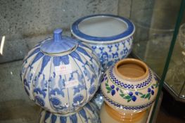 Chinese Style Blue & White Lidded Gourd Vase, plus Pole and Vase